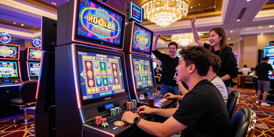 Engaged player using rokok88 slot login at a vibrant casino slot machine.