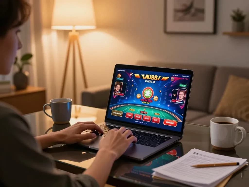 Engaging with UU88 via laptop at home, enjoying a comfortable online casino experience