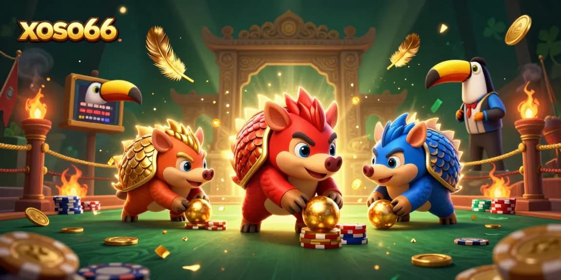 Action-packed scene featuring xoso66 pangolins competing in a dynamic casino showdown with gold coins and poker chips.
