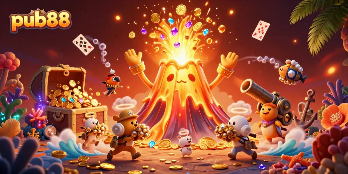 Experience the thrill of pub88 as treasures erupt from a triumphant volcano in an animated casino scene.