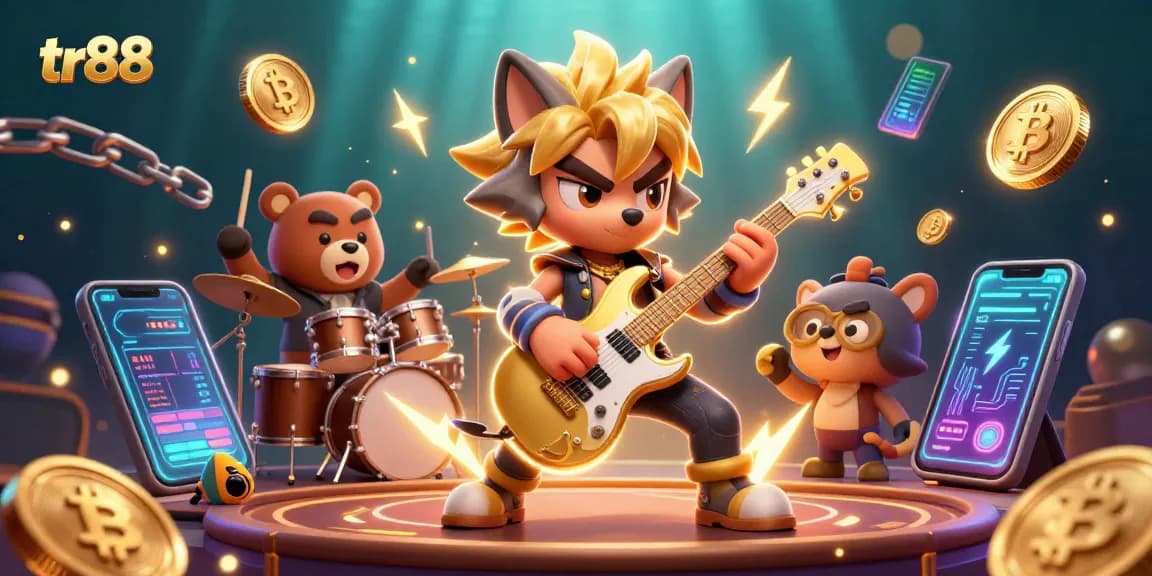 Engage at tr88 with a vivid casino scene featuring a rock star wolf and a drummer bear.