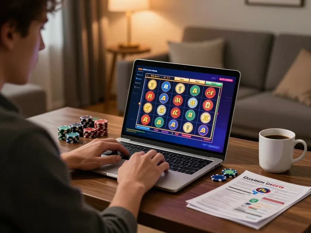 Player enjoying slot gacor gameplay from home office, warm lighting and gaming elements enhance the scene.