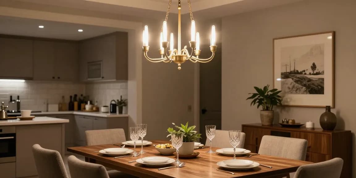 Candelabru elegant în dining room modern, cu masă aranjată pentru cine rafinate.