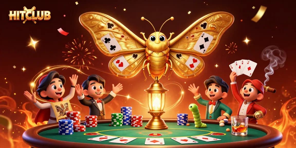 Experience the thrill of HITCLUB with vibrant casino elements and a majestic moth in a dynamic scene.