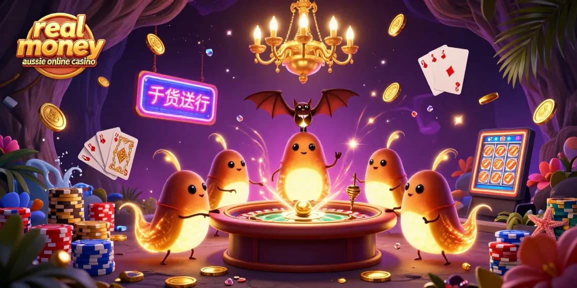 Experience the excitement of real money aussie online casino with a vibrant 3D illustration of glowworms and a bat dealer in a lively casino environment.