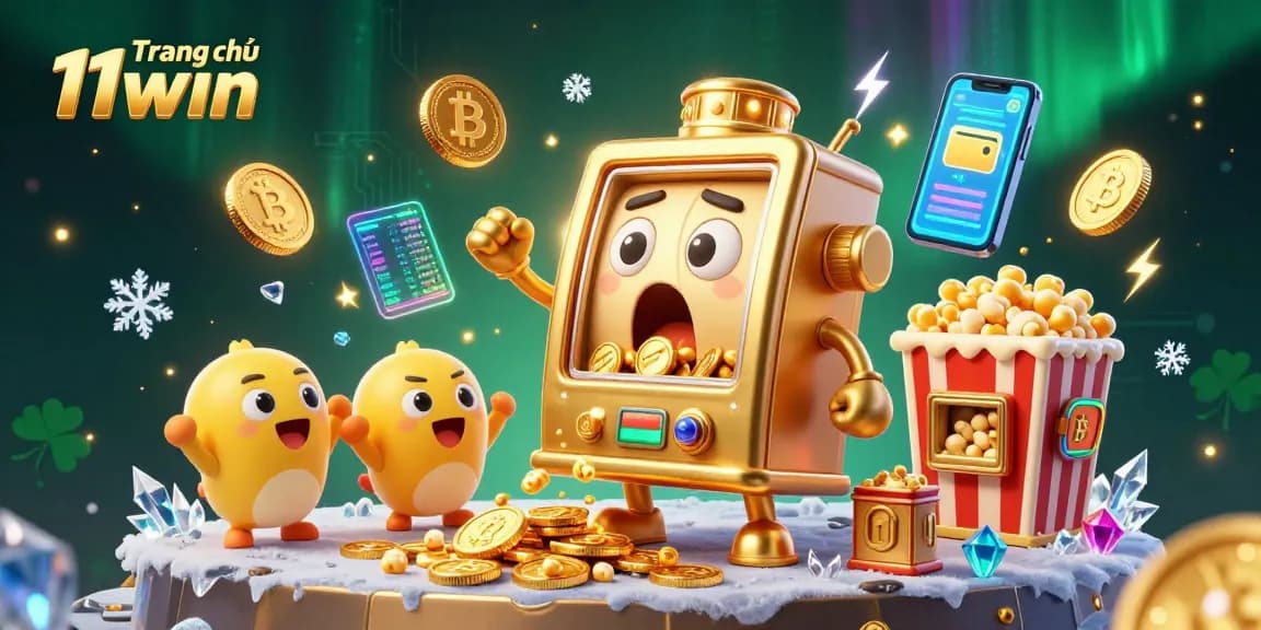 Win big at Trang chủ 11win with a vibrant illustration of a gold slot machine celebrating a jackpot.