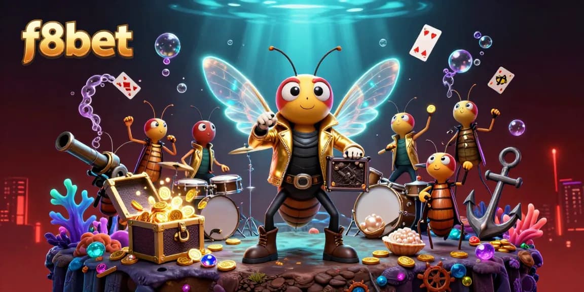 Join in the excitement at f8bet with the 3D rock star cicada and vibrant underwater casino scene, filled with treasures.