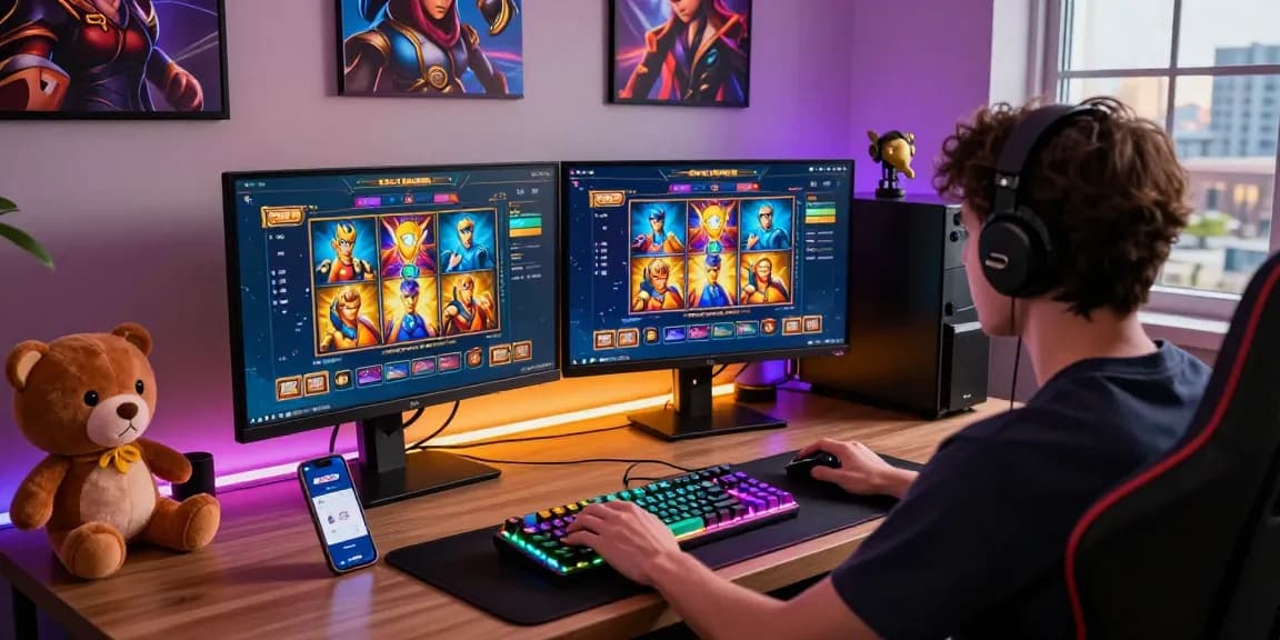 Pengguna bermain slot online di KANGBET dengan antusias, dikelilingi aksesori permainan.