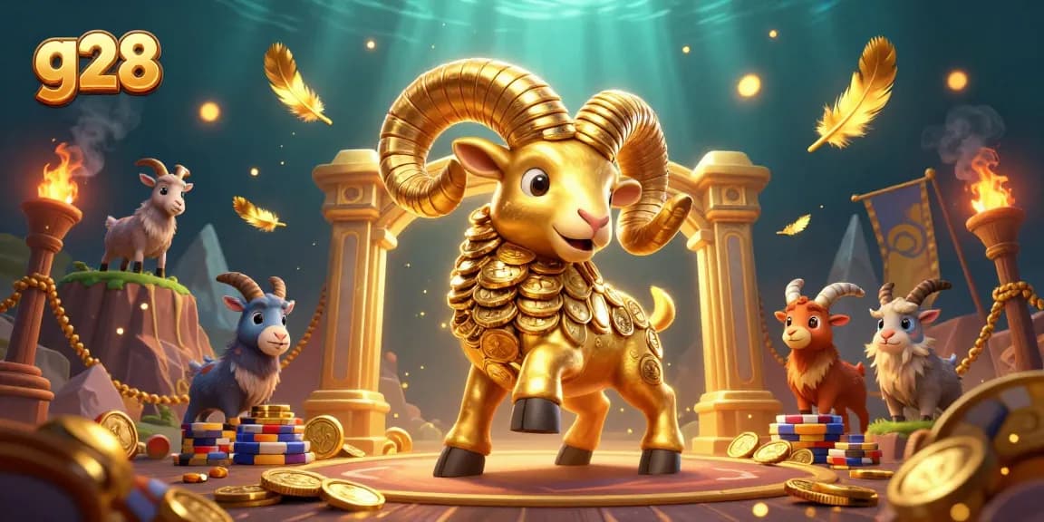 Experience g28's thrilling casino atmosphere with a dynamic golden ram and vibrant elements.