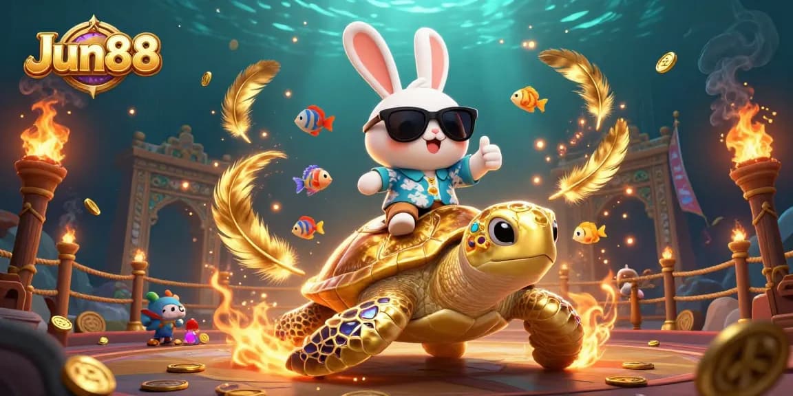 Join the fun at Jun88 with a lucky rabbit and golden turtle in a vibrant casino scene.