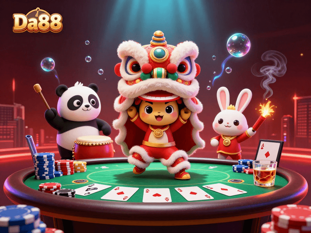 Engage in thrilling gameplay at Da88 with vibrant lion dance and poker scene.