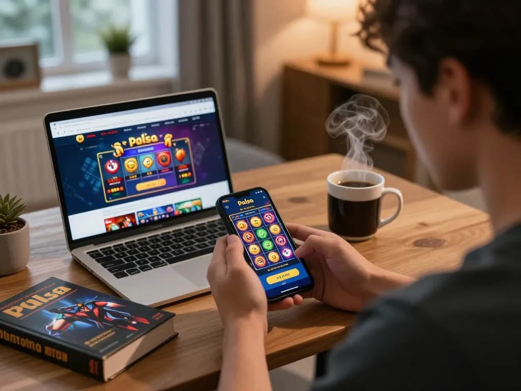 Player using smartphone for slot pulsa gaming in a cozy home setup with strategy notes.