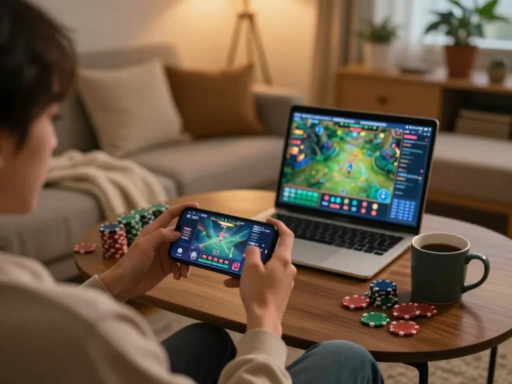 Engaged in game đổi thưởng on mobile, person enjoying casual home gaming atmosphere with poker chips.