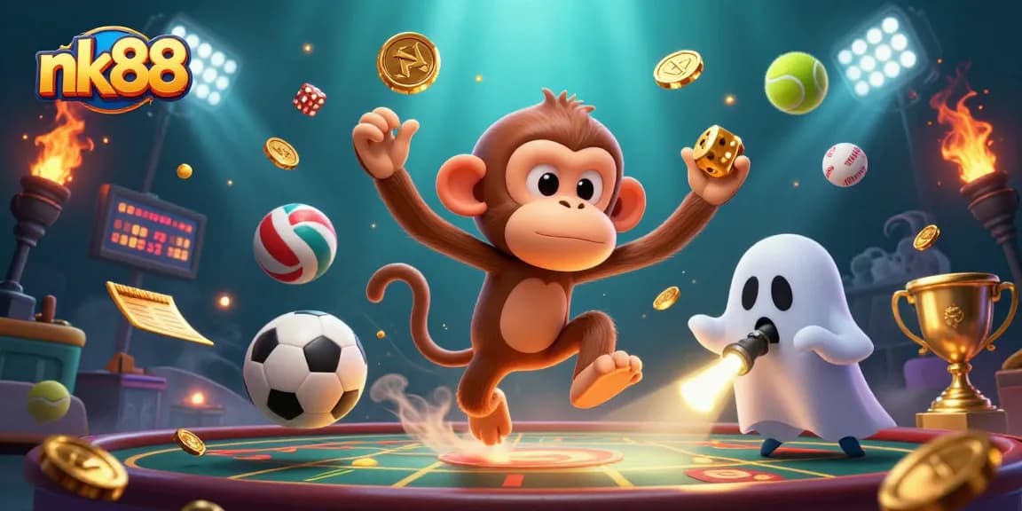 Play at nk88 with a poltergeist monkey and a ghost-hunter puppy in an exciting casino scene.