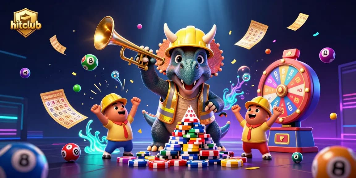 Hitclub's energetic casino scene with cartoon triceratops and lottery elements celebrating wins.