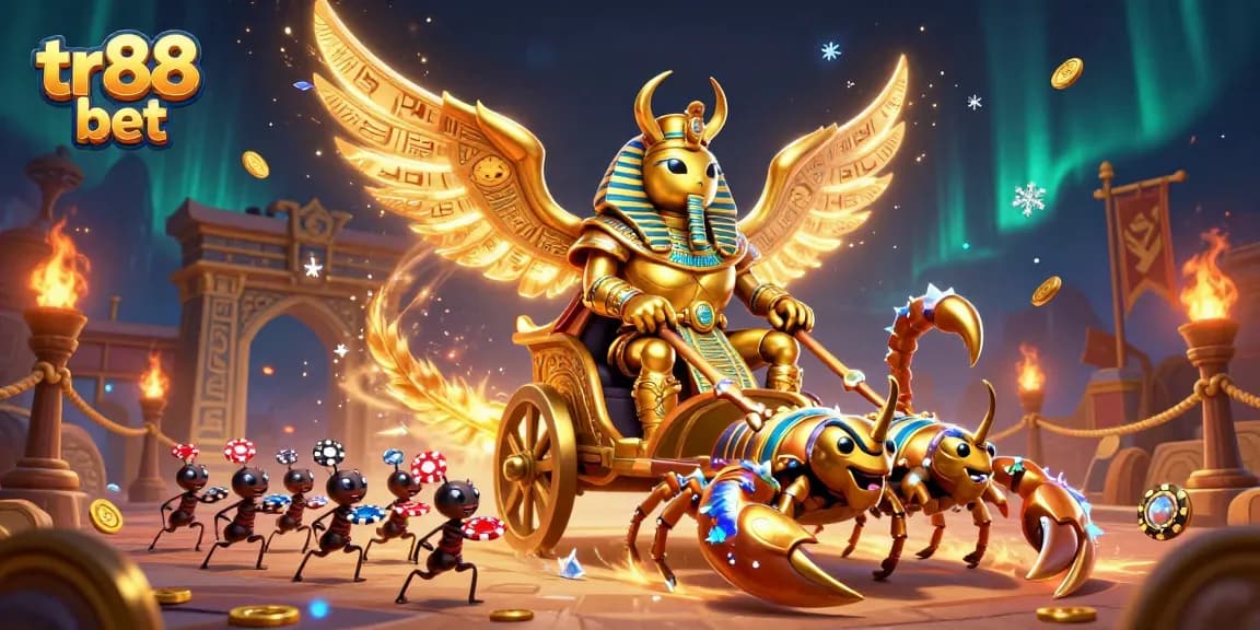 Experience the thrill of betting with tr88 bet, featuring a majestic golden scarab and games of chance.