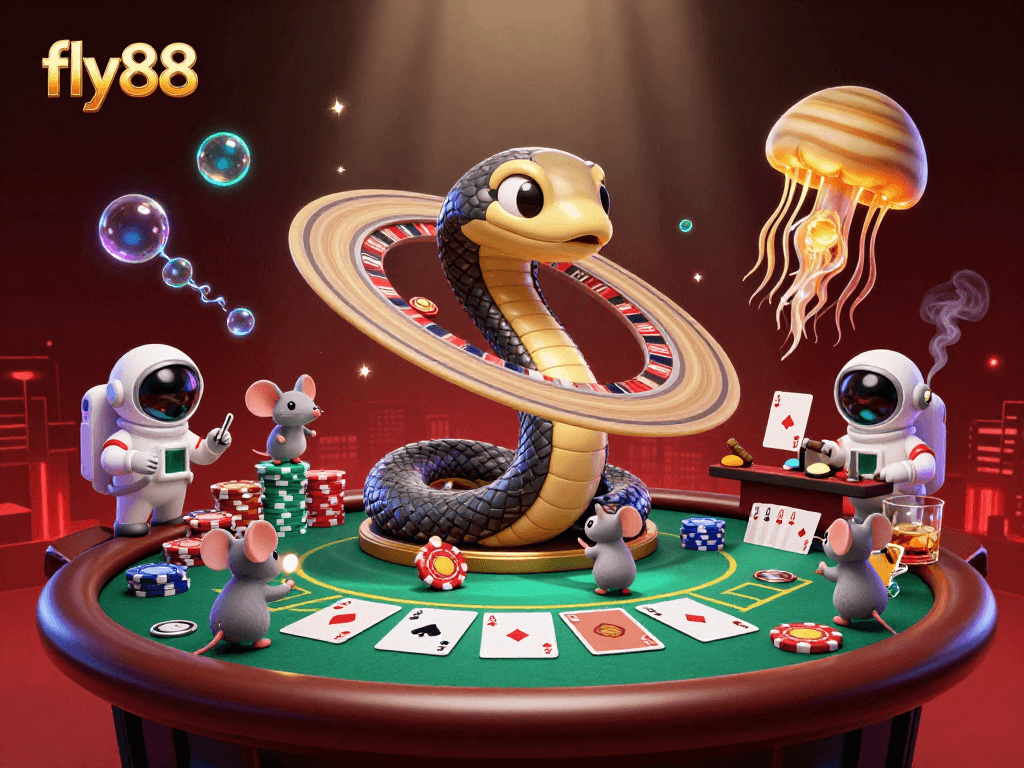 Experience the excitement of fly88 as cartoon characters engage in thrilling betting on a cosmic roulette wheel.