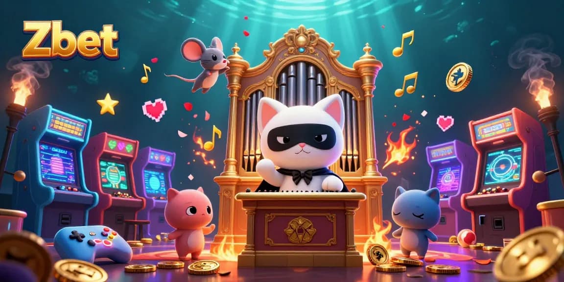 Zbet showcases a dynamic casino scene with a phantom cat, mouse acrobat, and vibrant gaming elements.