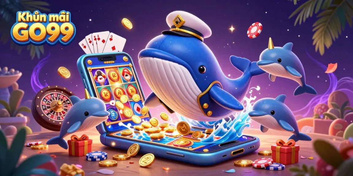 Engage with Khuyến mãi GO99 in an exciting casino scene featuring a whale, narwhal, and dolphins.