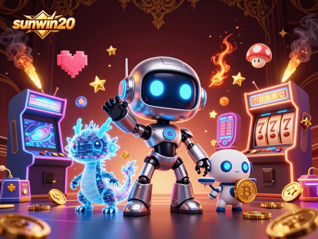 Experience the excitement of winning with sunwin20 in this dynamic casino-themed illustration featuring fun characters.