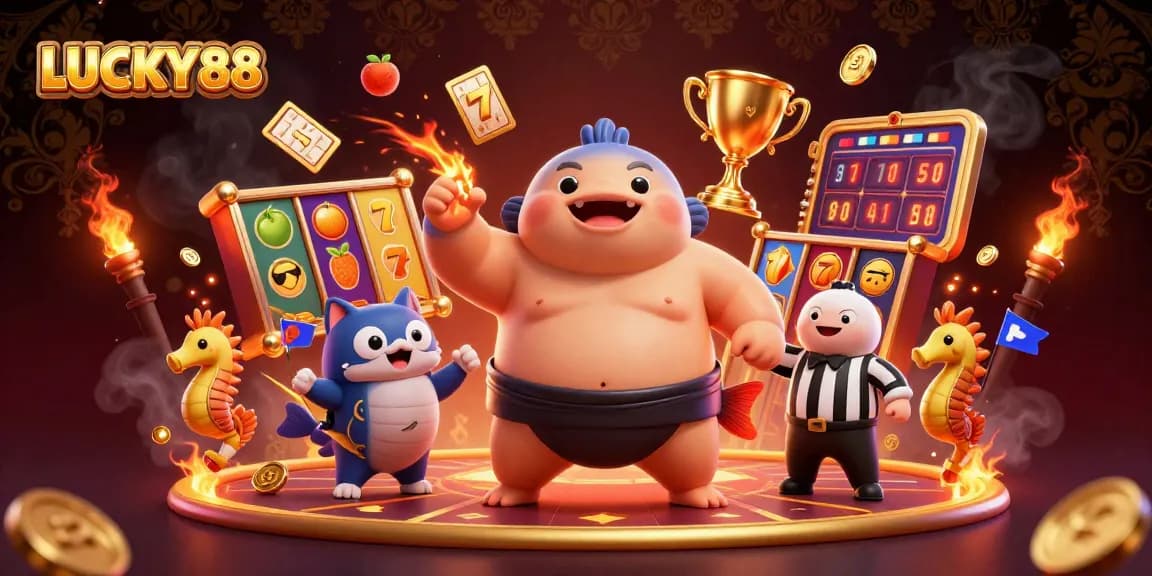 Experience high-energy gameplay with LUCKY88 in this vibrant slot illustration, showcasing dynamic reels.