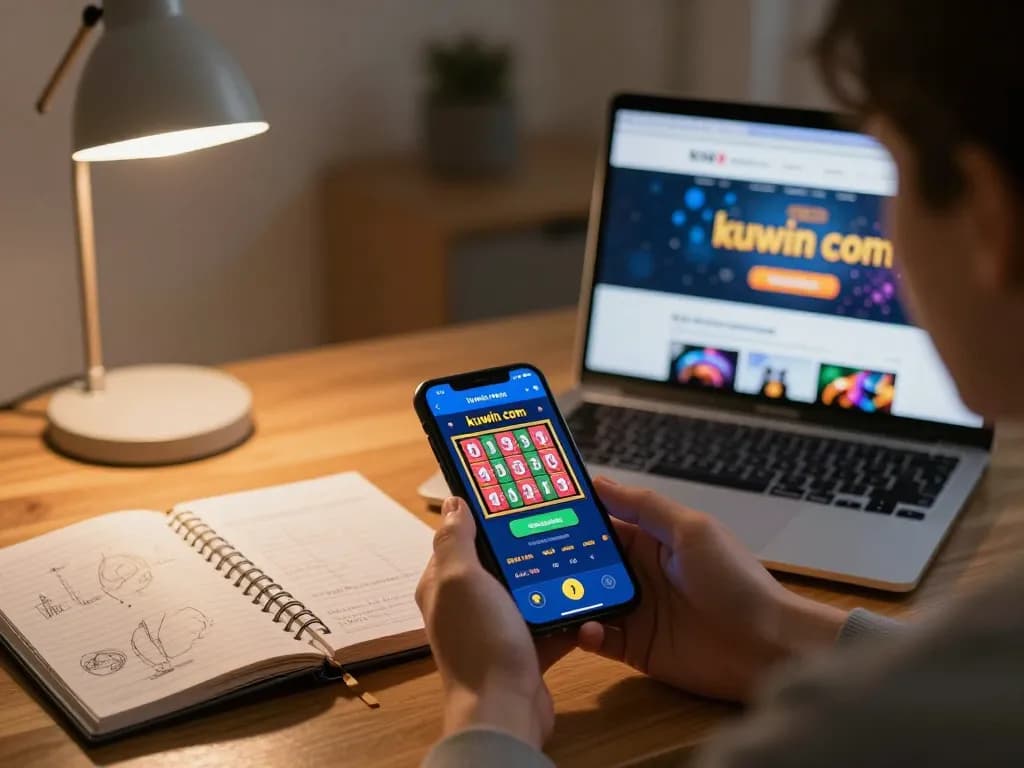 Engaging with kuwin com's mobile app while playing colorful slots in a cozy home setup.