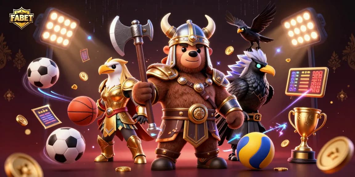FABET showcases thrilling sports betting with an energetic 3D illustration of characters and dynamic game elements.