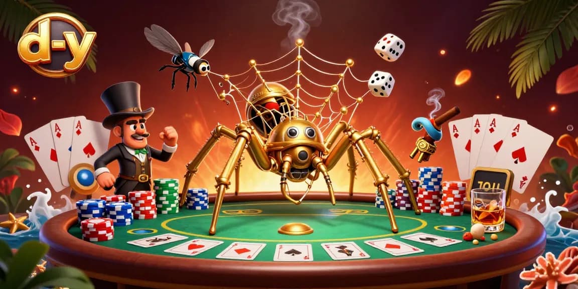 Experience exciting gaming at d-y with a steampunk spider spinning a web of poker winnings.