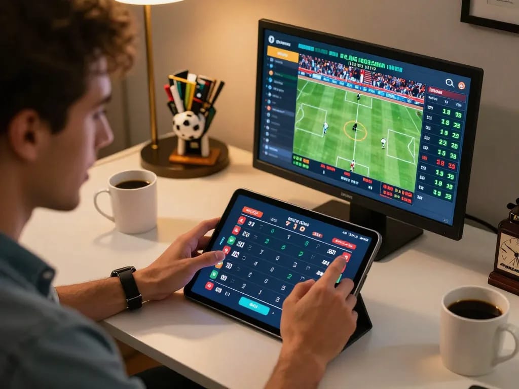 Enthusiastic user engaging with 888b sports betting app at home, showcasing live odds and excitement.