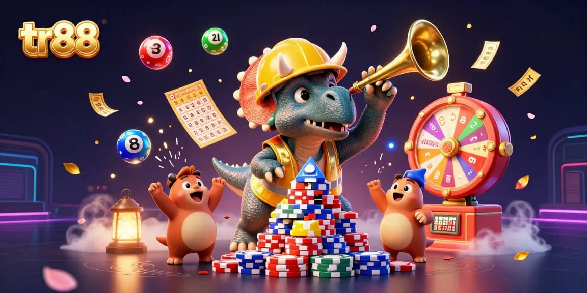 Experience tr88 excitement with a vibrant 3D illustration of a triceratops and gaming elements.