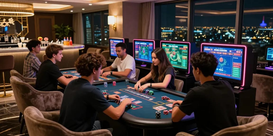 Engaged gamers enjoying iwin in a luxurious casino setting with high-end decor and vibrant atmosphere.