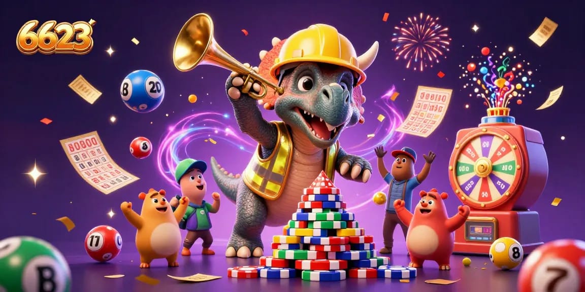 Experience the thrill of winning big at 6623 with dynamic lottery balls, poker chips, and celebration elements.