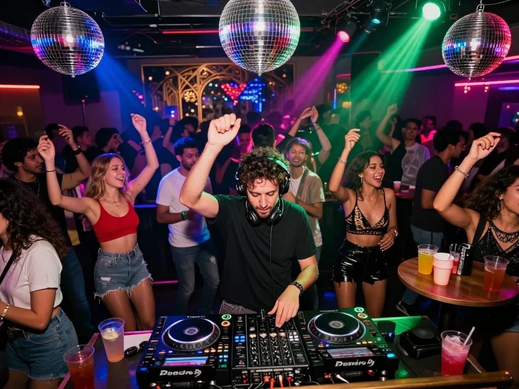 MM88 nightlife scene with energetic DJ, vibrant crowd, and colorful neon lights.