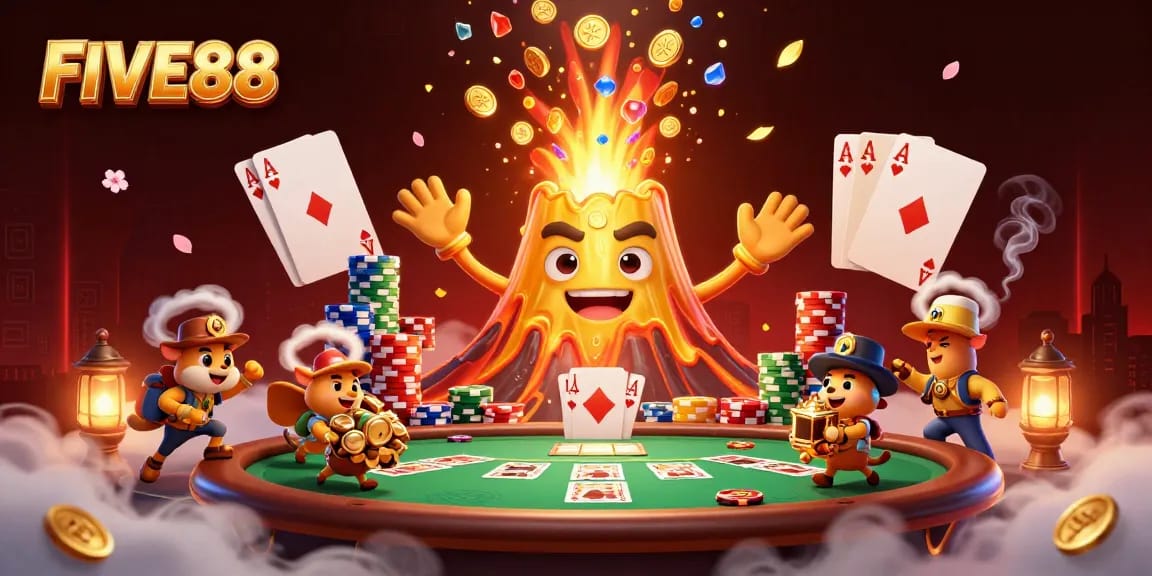 Engage with the triumph of FIVE88 in this vibrant casino scene filled with treasure and excitement.