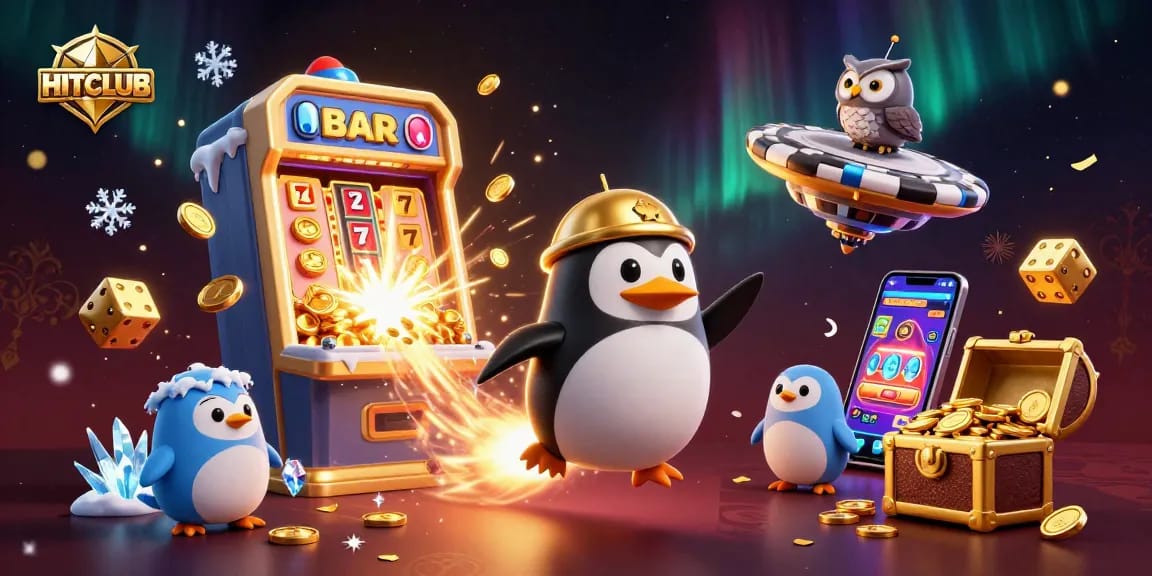Experience excitement with HITCLUB's vibrant casino adventure featuring a golden penguin and jackpots.