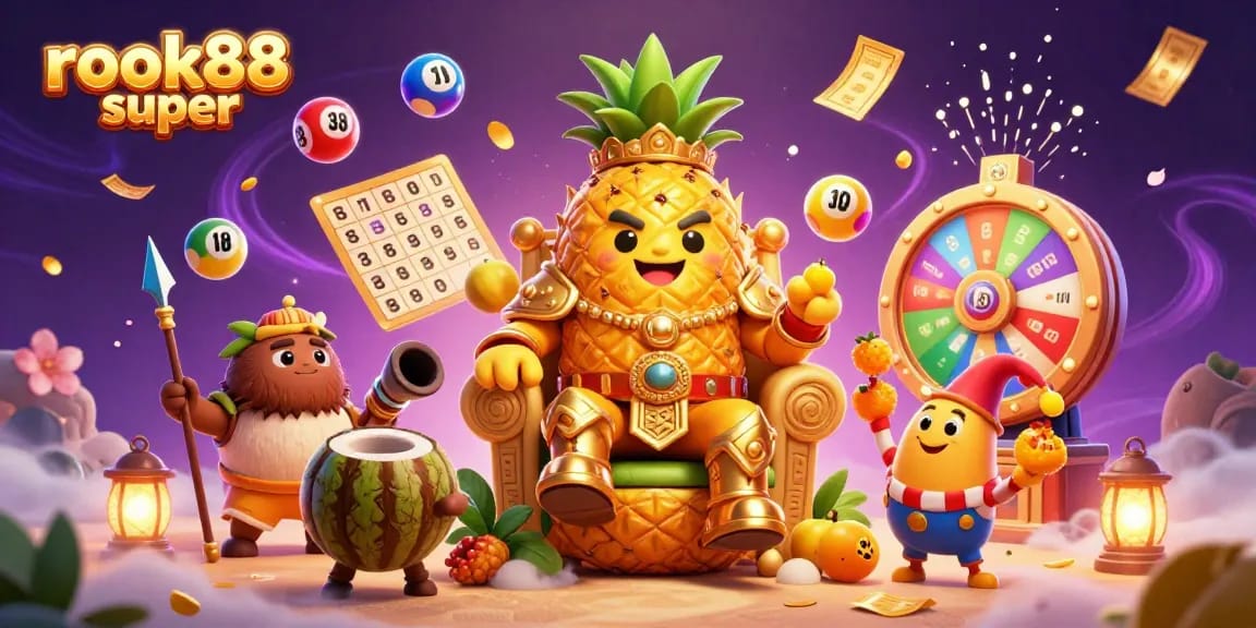 Engage with the dynamic scene of rokok88 super showcasing a golden pineapple king amidst exciting gambling elements, creating casino magic.