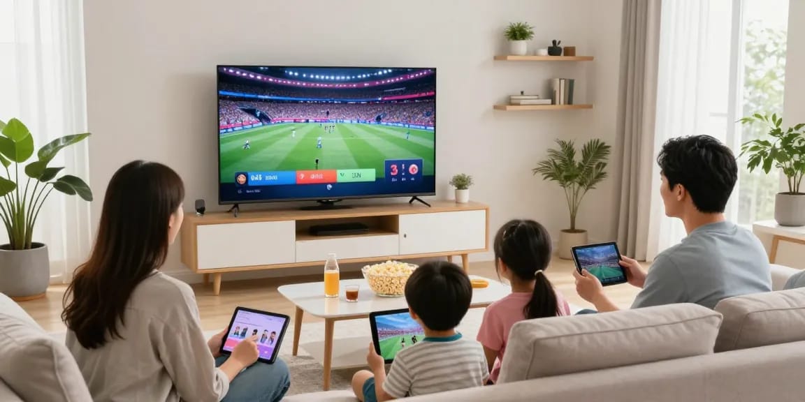 Family enjoying Meilleur IPTV Quebec in a modern living room with vibrant TV content.