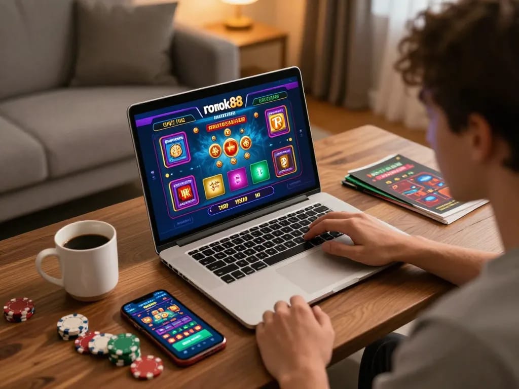 Main di kasino online rokok88 menggunakan laptop di lingkungan rumah yang nyaman, menampilkan permainan yang menarik.