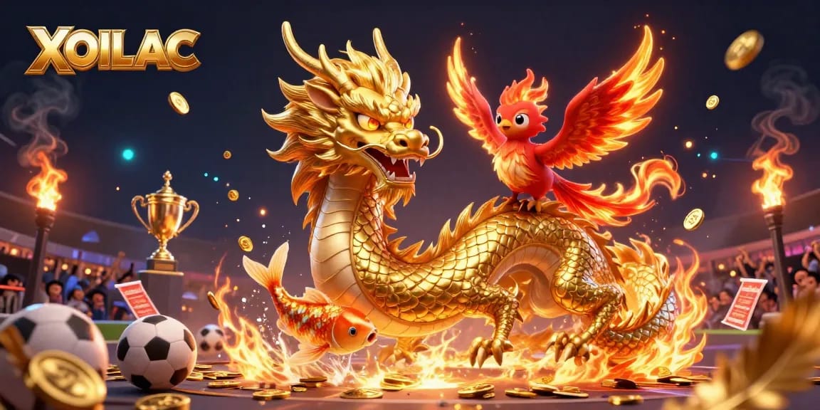 XOILAC showcases intense sports betting action with a vibrant dragon, phoenix, and koi fish.