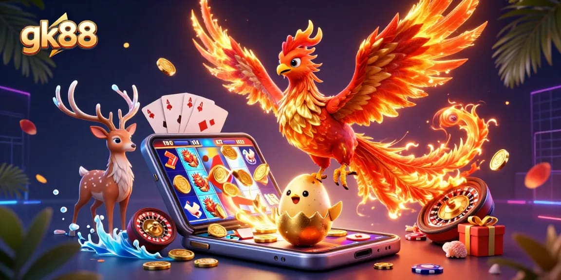 Play slots and win big with gk88 as a phoenix rises in a vibrant casino scene.
