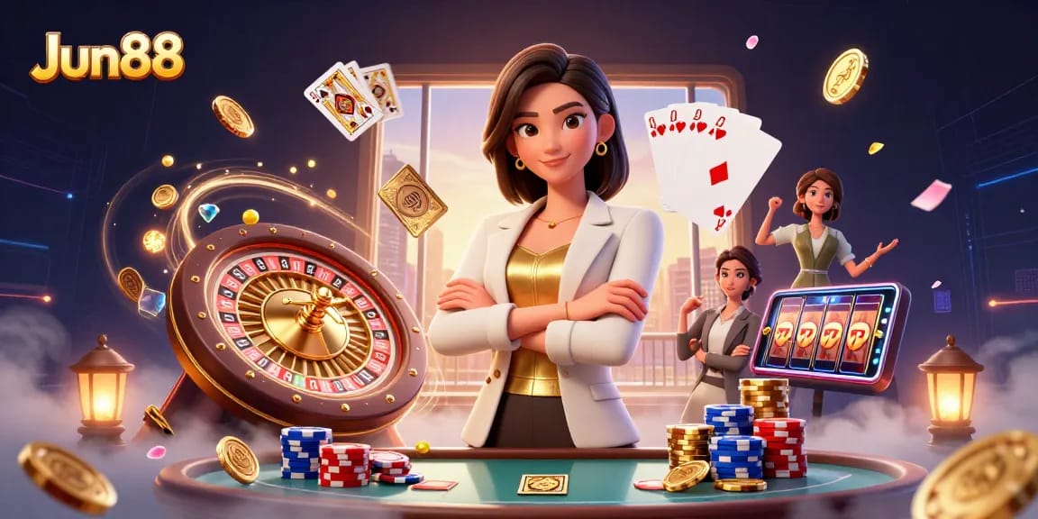 Jun88 brings excitement with a powerful Asian woman playing cards amidst cascading casino riches.