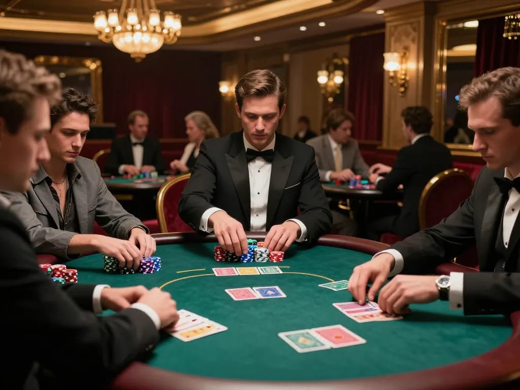 LU88 poker players strategizing with chips in a luxurious casino atmosphere