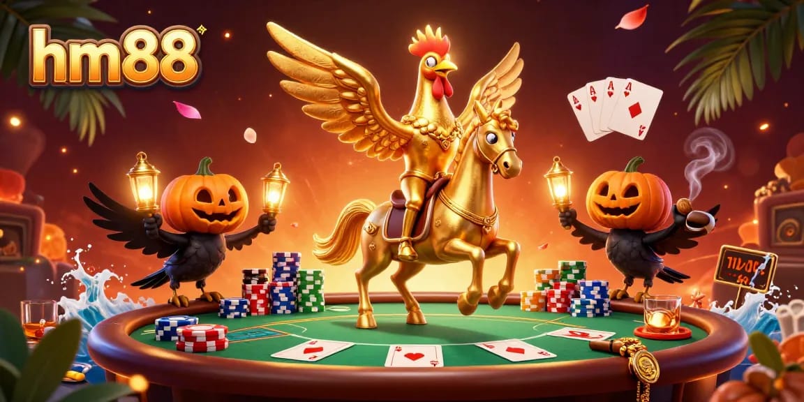Experience excitement at hm88 with a glowing rooster and vibrant casino atmosphere.