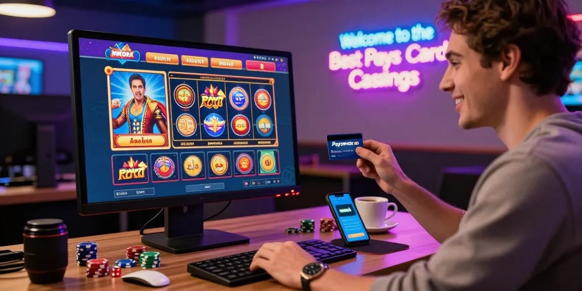 Spieler erkundet ein Online-Paysafe Card Casino, lebendige Spielatmosphäre mit Neonakzenten.