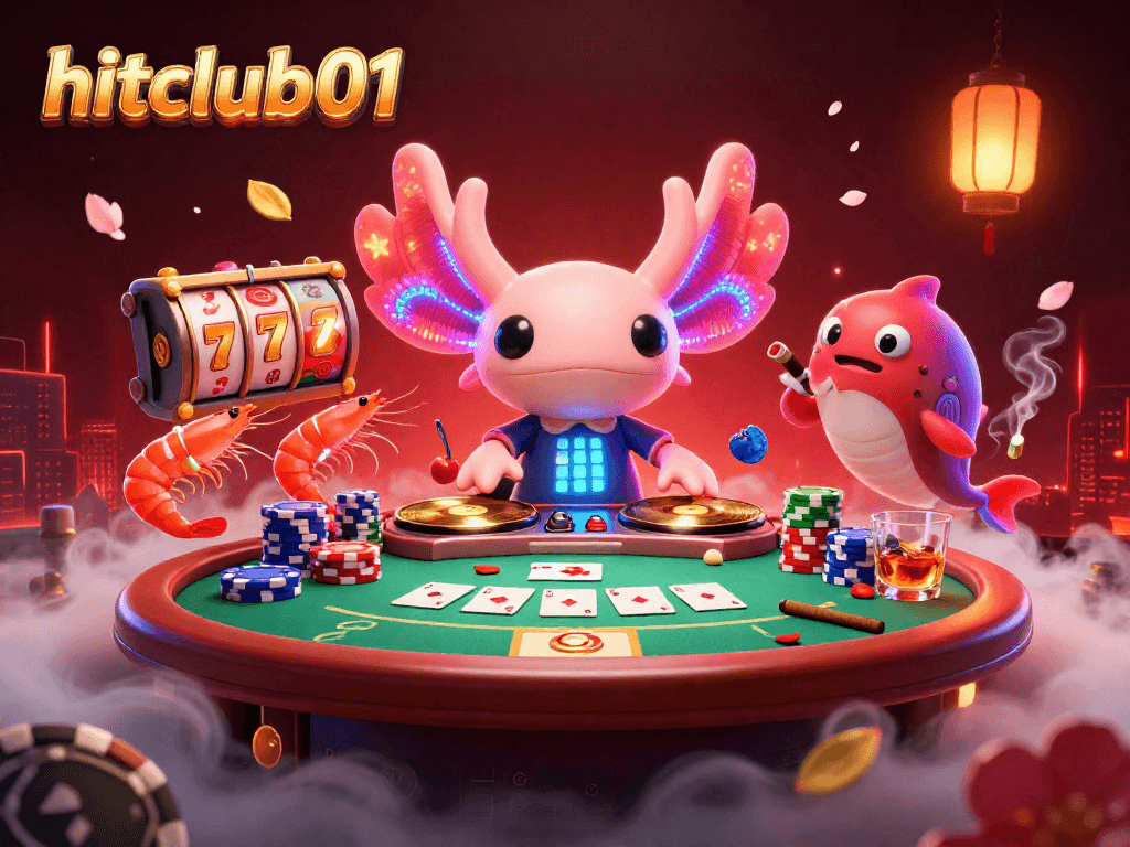 Engage with hitclub01's vibrant slot action featuring a neon axolotl DJ and dynamic gambling elements.