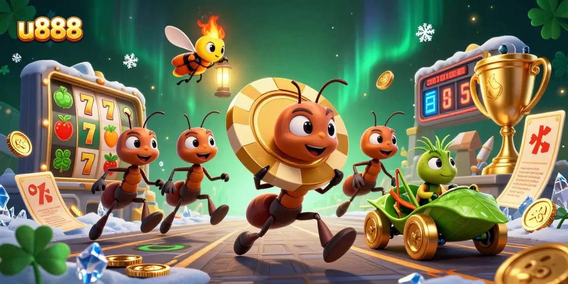 u888 ants engage in a thrilling heist adventure with golden poker chips and vibrant casino elements.
