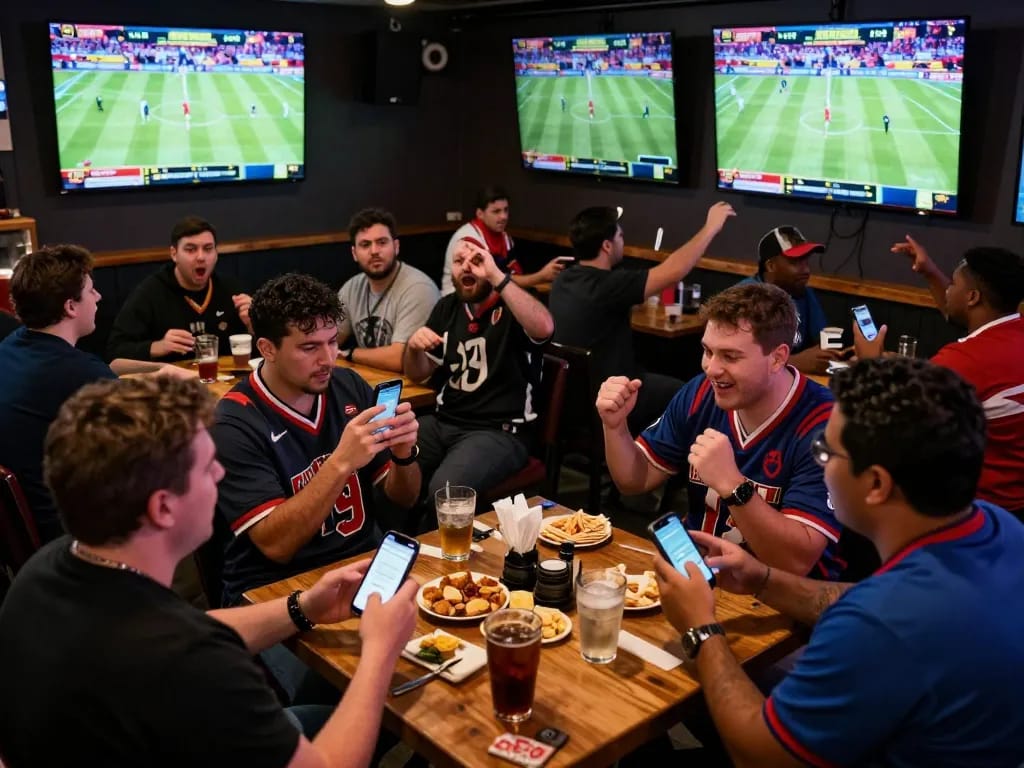 Excited patrons placing bets at a lively sports bar showcasing mm88bet, with multiple screens showing live sports events.