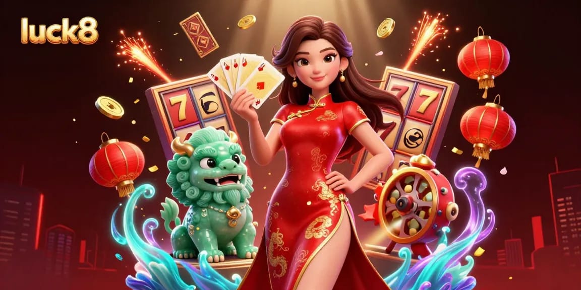 Experience the exciting world of luck8 with a dynamic illustration featuring a traditional qipao dressed woman and golden gaming elements.