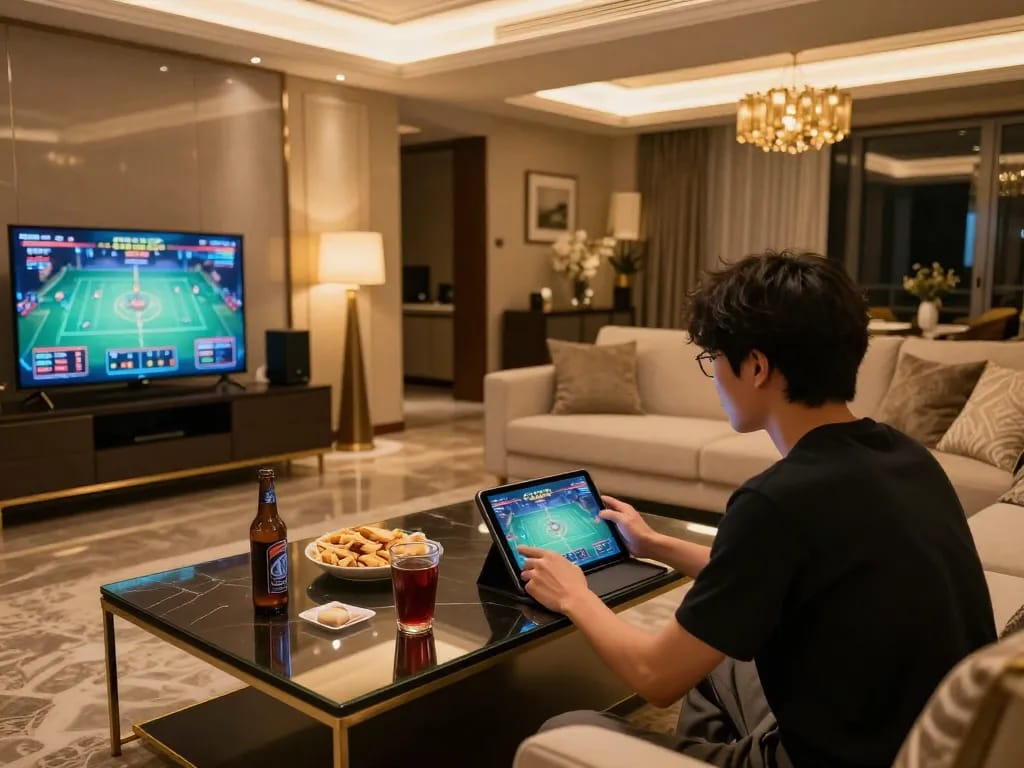 Engaged player using taixiuonlinego app on tablet in modern living room during online gaming session.