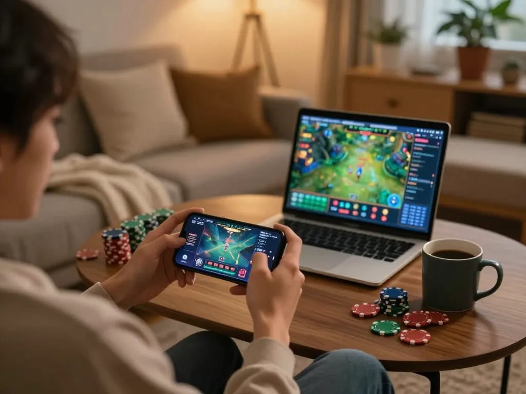 Engaged in game đổi thưởng on mobile, person enjoying casual home gaming atmosphere with poker chips.